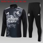 Real Madrid 24-25 Black Ink Spray Kids Training Jacket with White Three-Stripe Shoulder