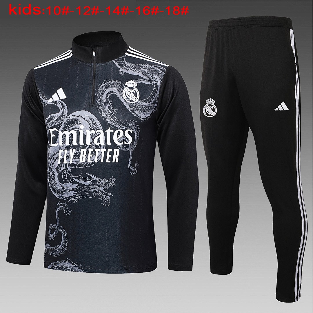 JER-5497_1 Real Madrid 24-25 Black Ink Spray Kids Training Jacket with White Three-Stripe Shoulder - 图片 1