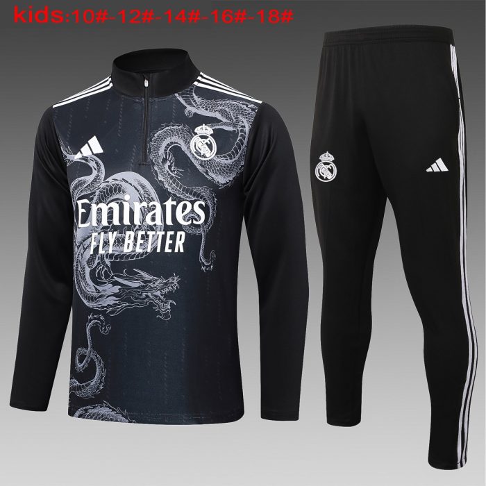 Real Madrid 24-25 Black Ink Spray Kids Training Jacket with White Three-Stripe Shoulder - 图片 2