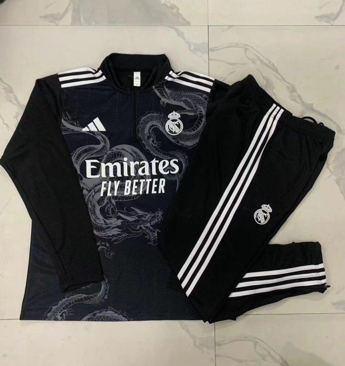 Real Madrid 24-25 Black Ink Spray Kids Training Jacket with White Three-Stripe Shoulder - 图片 3