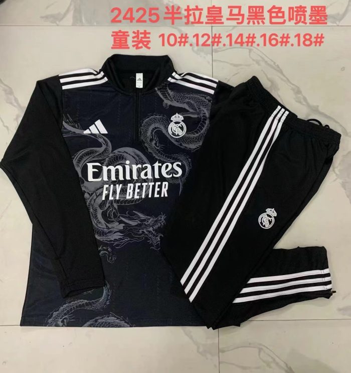Real Madrid 24-25 Black Ink Spray Kids Training Jacket with White Three-Stripe Shoulder - 图片 4