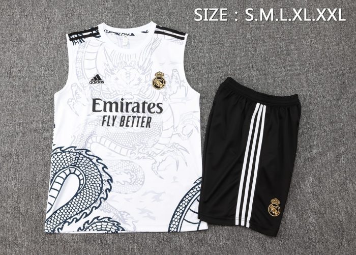 Real Madrid 23-24 White Ink Splatter Vest with 5-Point Shorts (Chinese Dragon) - 图片 2