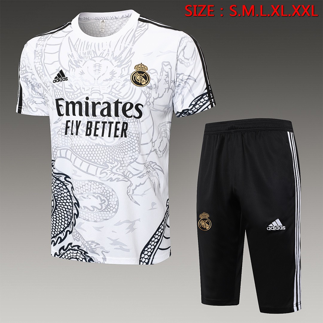 JER-5499_1 Real Madrid 23-24 White Ink Splatter Chinese Dragon Short Sleeve Training Set with 3/4 Pants - 图片 1