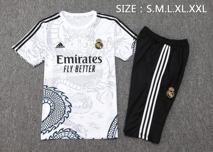 Real Madrid 23-24 White Ink Splatter Chinese Dragon Short Sleeve Training Set with 3/4 Pants - 图片 3