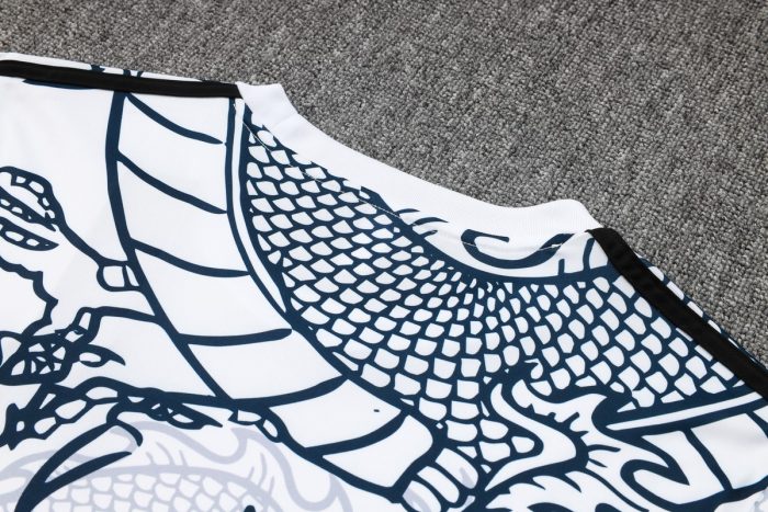 Real Madrid 23-24 White Ink Splatter Chinese Dragon Short Sleeve Training Set with 3/4 Pants - 图片 6