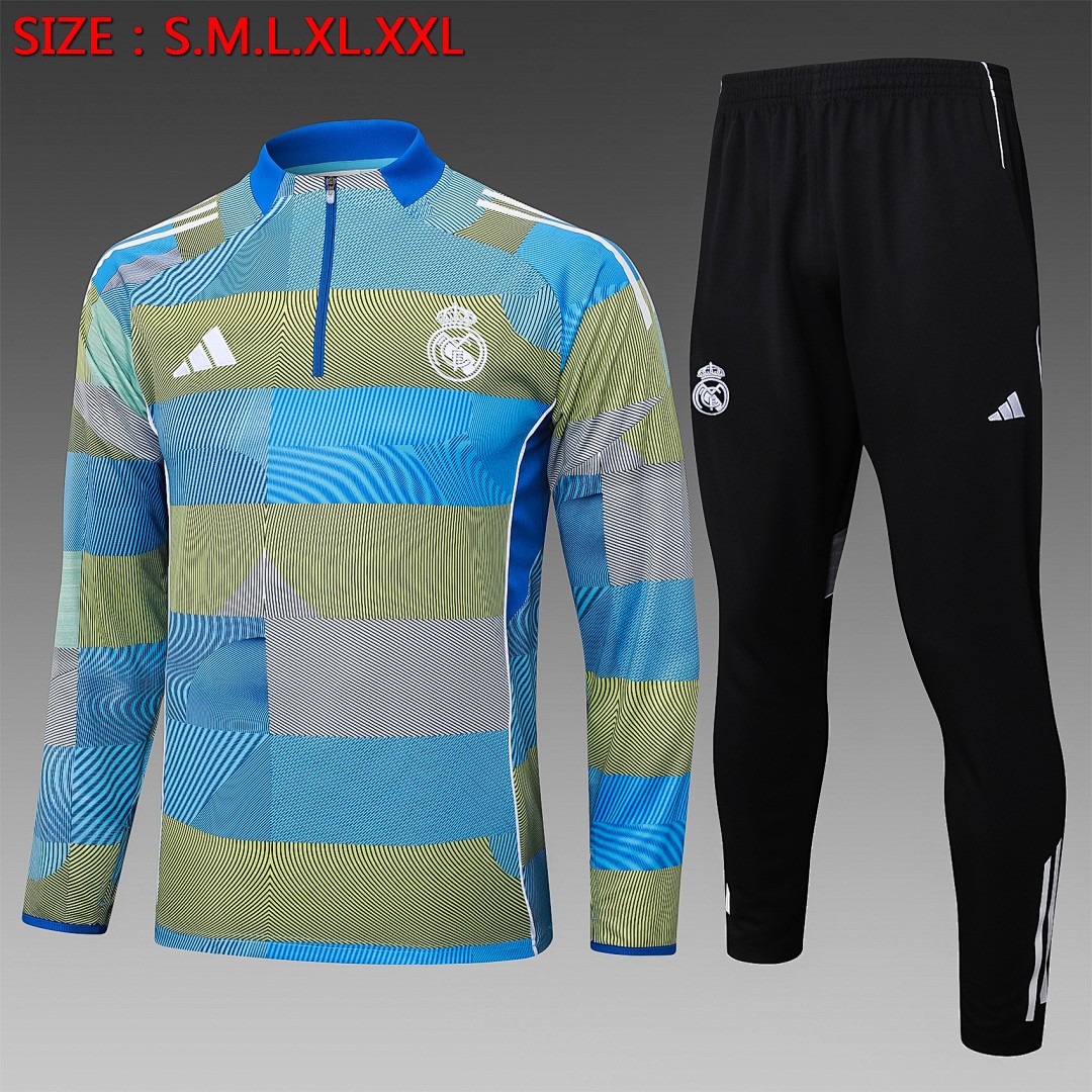 JER-5517_1 Real Madrid Blue Green Stripe Spray Print Half Zip Jacket - 图片 1