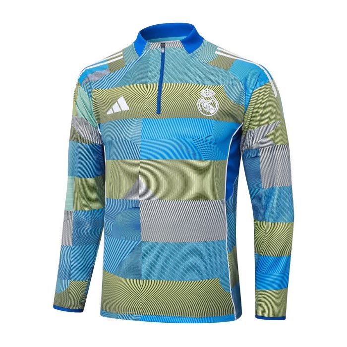 Real Madrid Blue Green Stripe Spray Print Half Zip Jacket - 图片 4