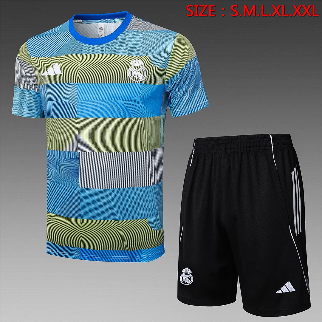 JER-5518_1 Real Madrid Blue Green Stripe Splatter Short Sleeve Training Shirt - 图片 1