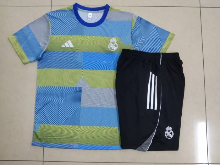 Real Madrid Blue Green Stripe Splatter Short Sleeve Training Shirt - 图片 9