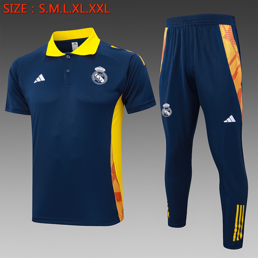 JER-5522_1 Real Madrid 24-25 Polo Shirt Navy Blue with Yellow Collar - 图片 1