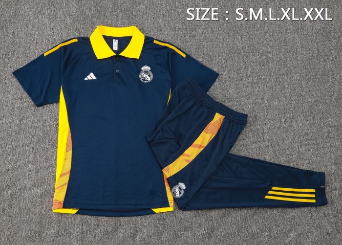 Real Madrid 24-25 Polo Shirt Navy Blue with Yellow Collar - 图片 2