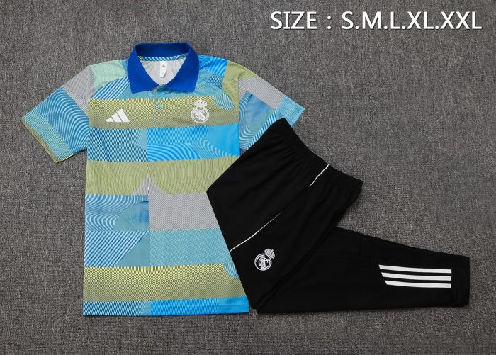 Real Madrid Blue Green Stripe Polo Shirt - 图片 2