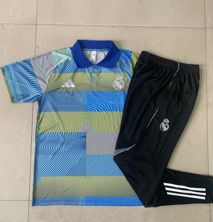 Real Madrid Blue Green Stripe Polo Shirt - 图片 9