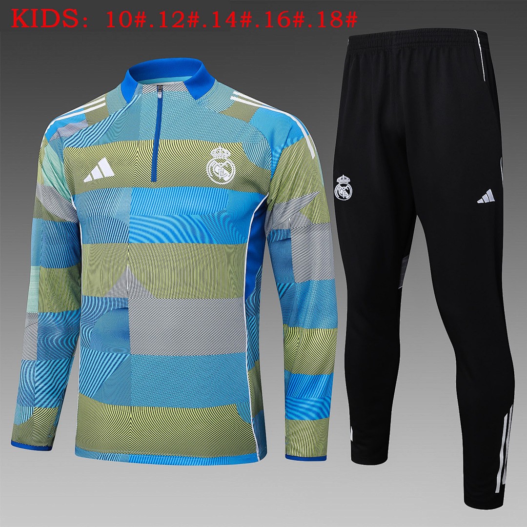 JER-5536_1 Real Madrid Blue Green Stripe Splatter Print Kids Training Suit - 图片 1