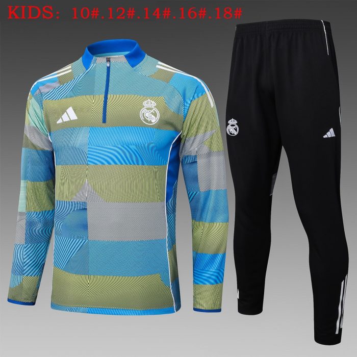Real Madrid Blue Green Stripe Splatter Print Kids Training Suit - 图片 2