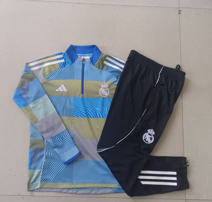 Real Madrid Blue Green Stripe Splatter Print Kids Training Suit - 图片 4