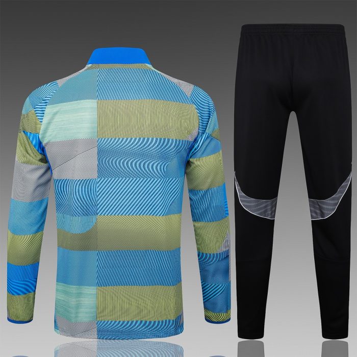 Real Madrid Blue Green Stripe Spray Print Long Zipper Jacket - 图片 2
