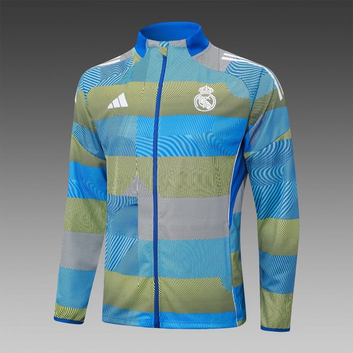 Real Madrid Blue Green Stripe Spray Print Long Zipper Jacket - 图片 4