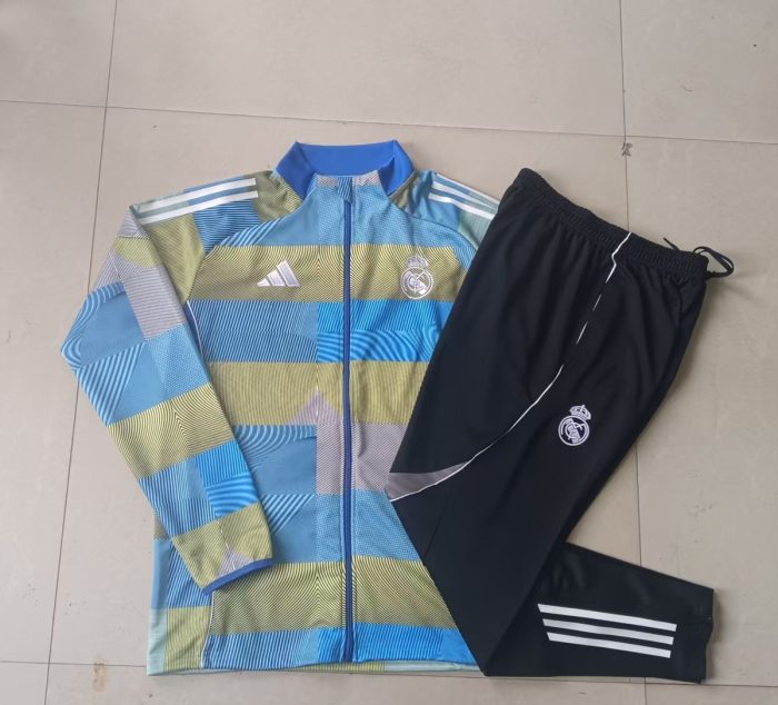 Real Madrid Blue Green Stripe Spray Print Long Zipper Jacket - 图片 9