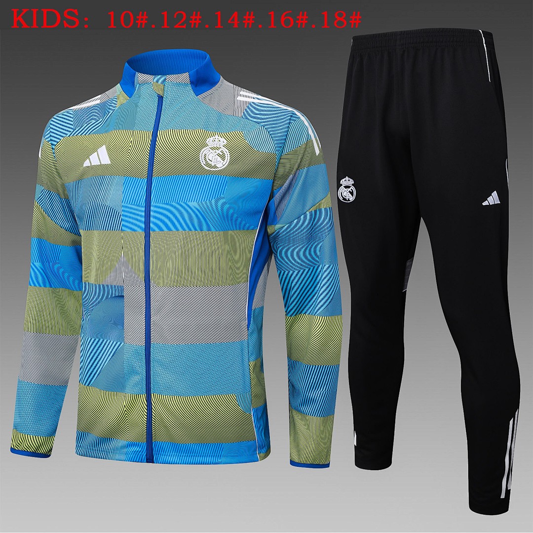 JER-5538_1 Real Madrid Blue Green Stripe Splatter Print Kids Training Suit - 图片 1
