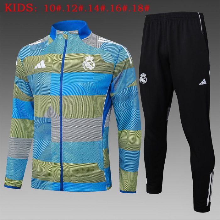 Real Madrid Blue Green Stripe Splatter Print Kids Training Suit - 图片 2