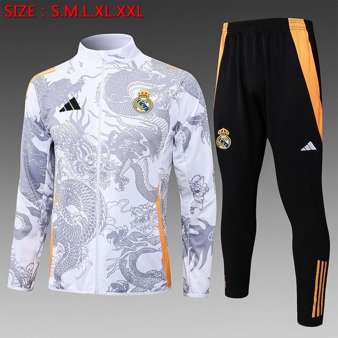 JER-5550_1 Real Madrid 24/25 Long Zipper Jacket White (Spray Ink Dragon) - 图片 1