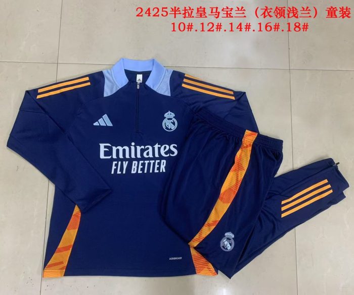 Real Madrid 24-25 Semi-Zip Jacket Navy Blue (Collar Light Blue) Kids - 图片 3