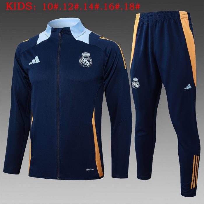 Real Madrid 24/25 Long Zipper Jacket Navy Blue (Collar Light Blue) Kids - 图片 2