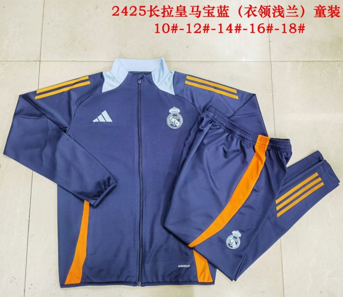 Real Madrid 24/25 Long Zipper Jacket Navy Blue (Collar Light Blue) Kids - 图片 4