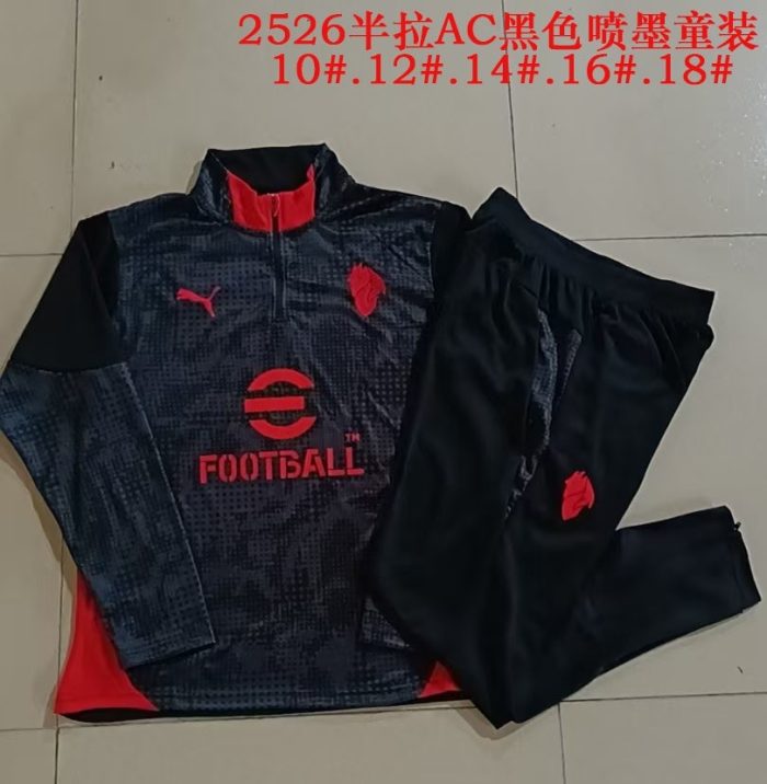 AC Milan Black Ink Splatter Kids' Half-Zip Jacket - 图片 3