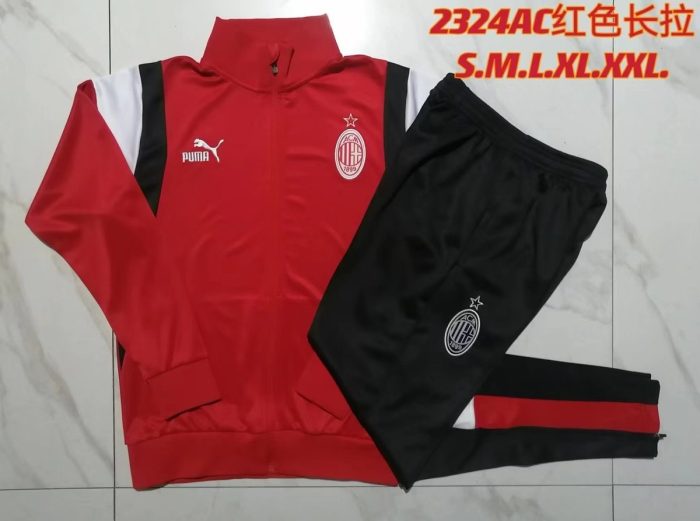 AC Milan 23-24 Long Zip Jacket Red with White Black Shoulder - 图片 9