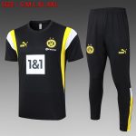 Borussia Dortmund 23-24 Black Short Sleeve Training Suit with White and Yellow Shoulder Trim and Pants
