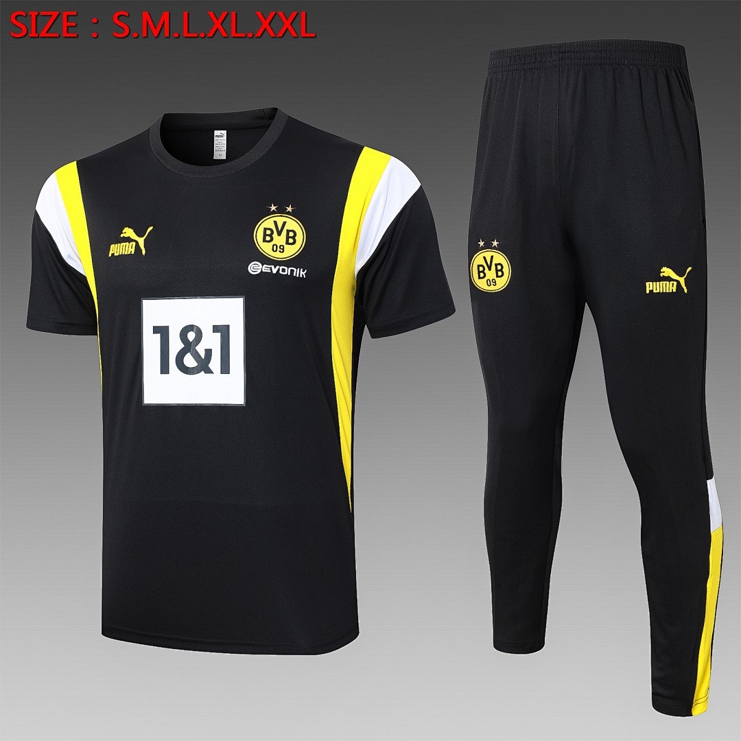 Borussia Dortmund 23-24 Black Short Sleeve Training Suit with White and Yellow Shoulder Trim and Pants