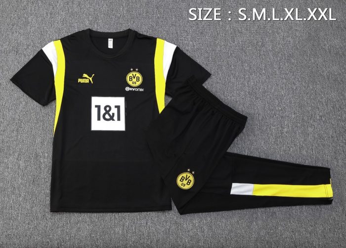 Borussia Dortmund 23-24 Black Short Sleeve Training Suit with White and Yellow Shoulder Trim and Pants - 图片 2