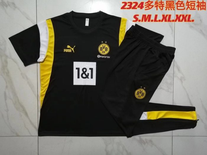 Borussia Dortmund 23-24 Black Short Sleeve Training Suit with White and Yellow Shoulder Trim and Pants - 图片 9