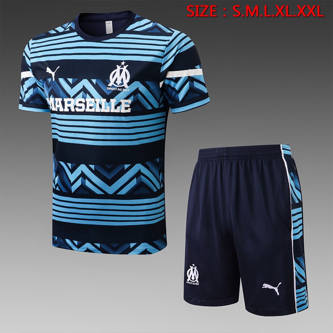 Olympique de Marseille 22/23 Training Short Sleeve Set in Royal Blue with Printed Logo