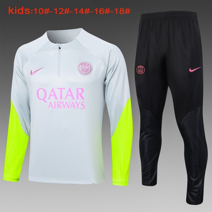 PSG 23/24 Half-Zip Paris Light Gray Kids (Fluorescent Green Sleeves) - 图片 2