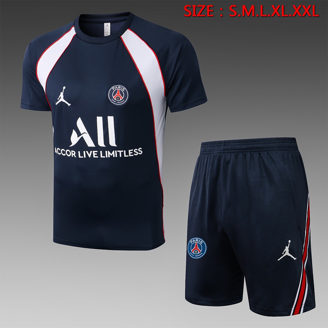 PSG 22/23 Jordan Training Short Sleeve Set in Royal Blue with White Side Stripes and 5-Inch Shorts