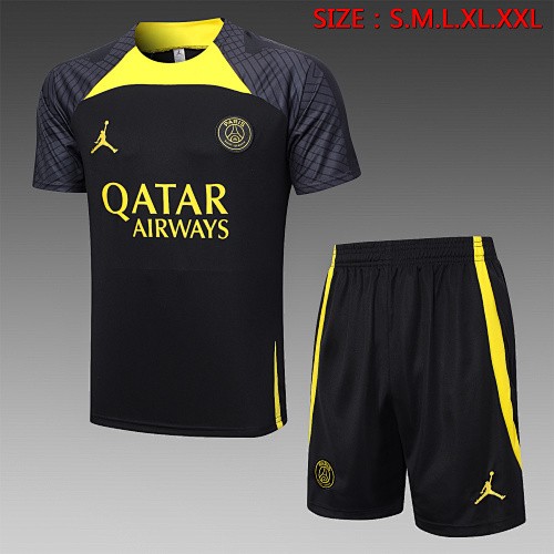 PSG 23/24 Jordan Black Short Sleeve Training Suit with 5-Panel Shorts