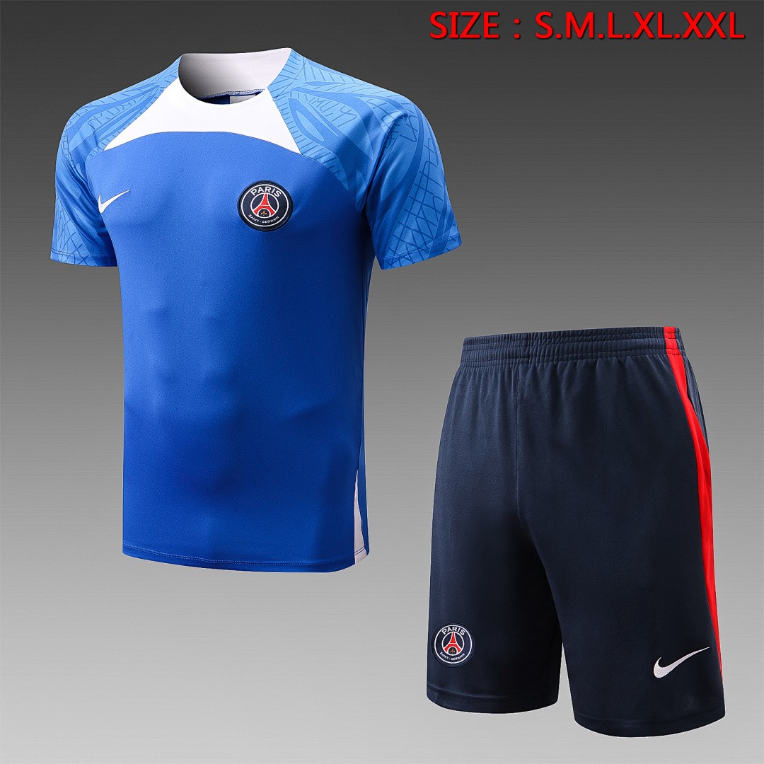 Nike Paris Saint-Germain 22/23 Short Sleeve Training Set with 5-Inch Shorts in Colorful Blue