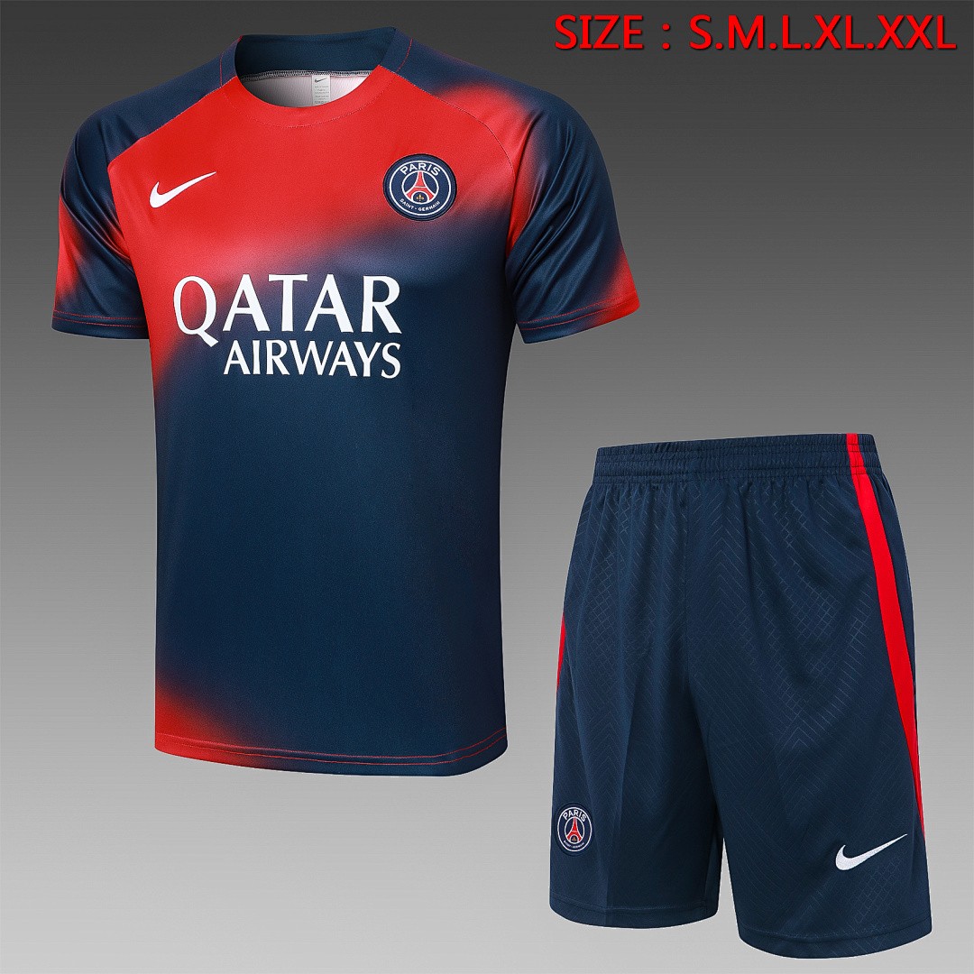 Paris Saint-Germain 23/24 Short Sleeve Training Set in Red/Blue Splatter with 5-Inch Shorts