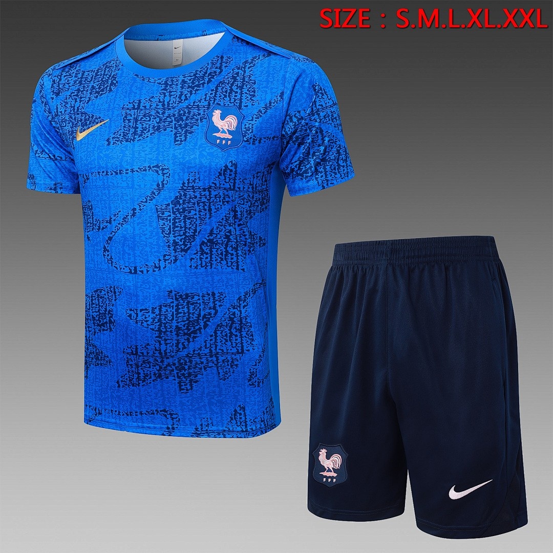 JER-7581_1 France Colorful Blue Short Sleeve Training Suit - 图片 1