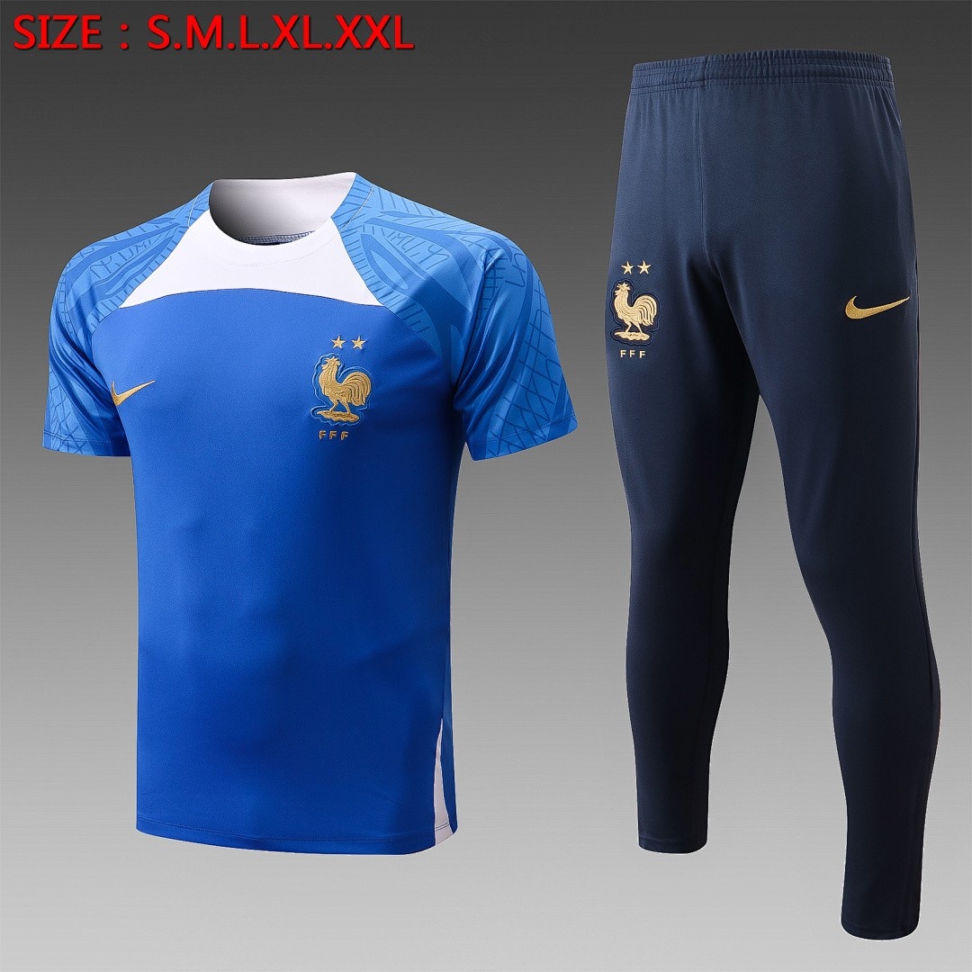 JER-7588_1 France 22/23 Colorful Blue Short Sleeve Training Suit with Pants - 图片 1