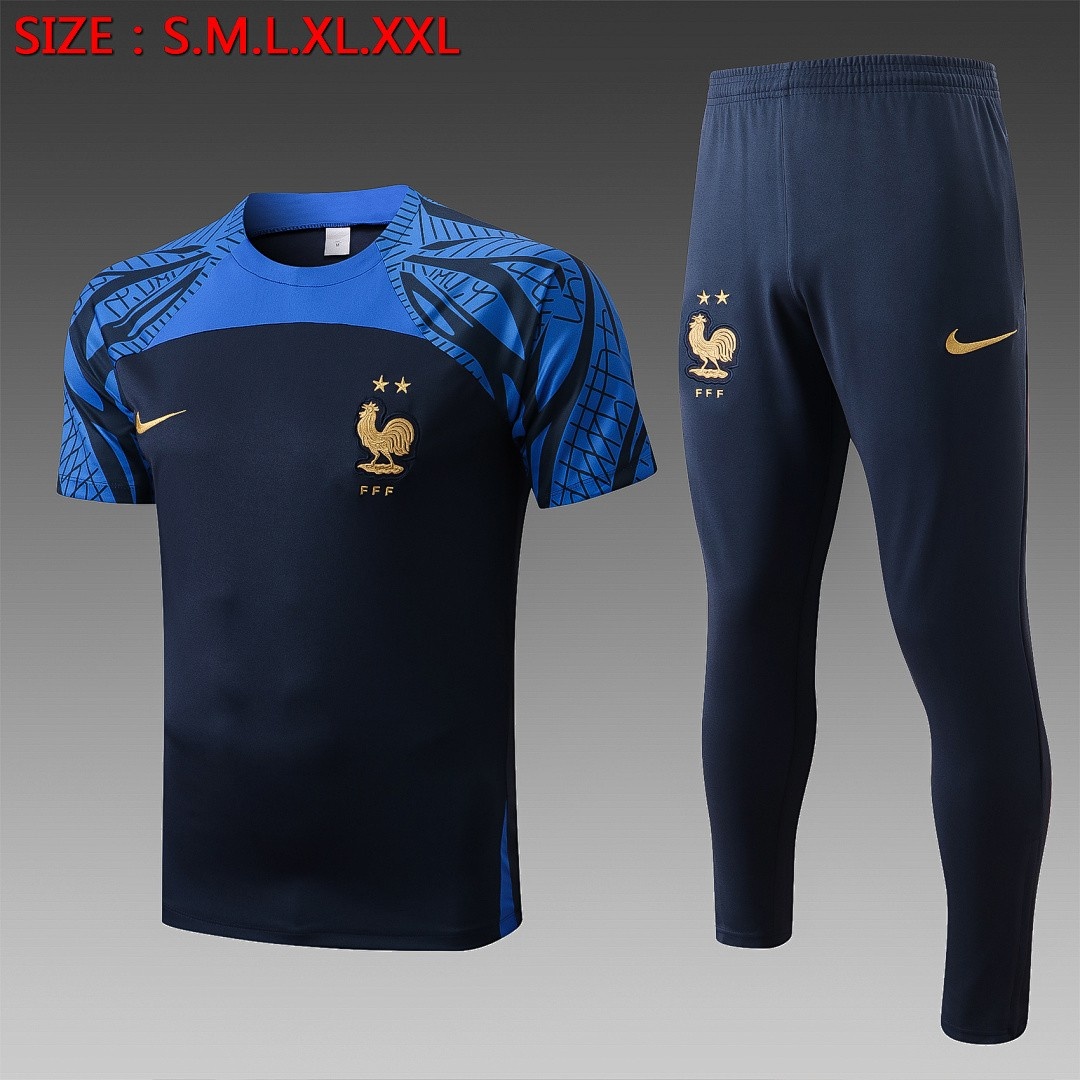 JER-7627_1 France 22/23 Navy Blue Training Short Sleeve Set with Pants - 图片 1