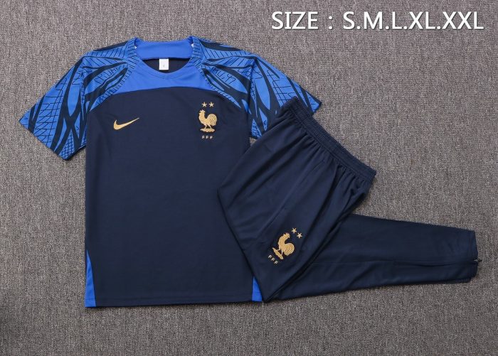France 22/23 Navy Blue Training Short Sleeve Set with Pants - 图片 6