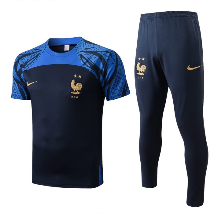 France 22/23 Navy Blue Training Short Sleeve Set with Pants - 图片 8