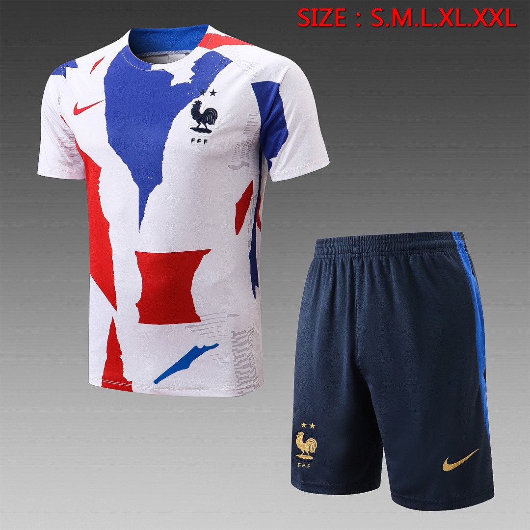 France 22/23 White Splatter Print Short Sleeve Training Set with 5-Inch Shorts