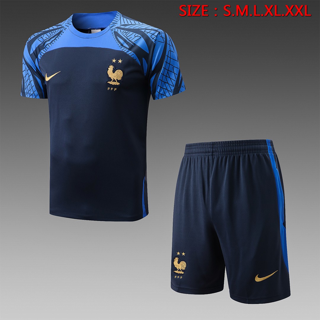 JER-7689_1 France 22/23 Blue Short Sleeve Training Suit with 5-Point Shorts - 图片 1