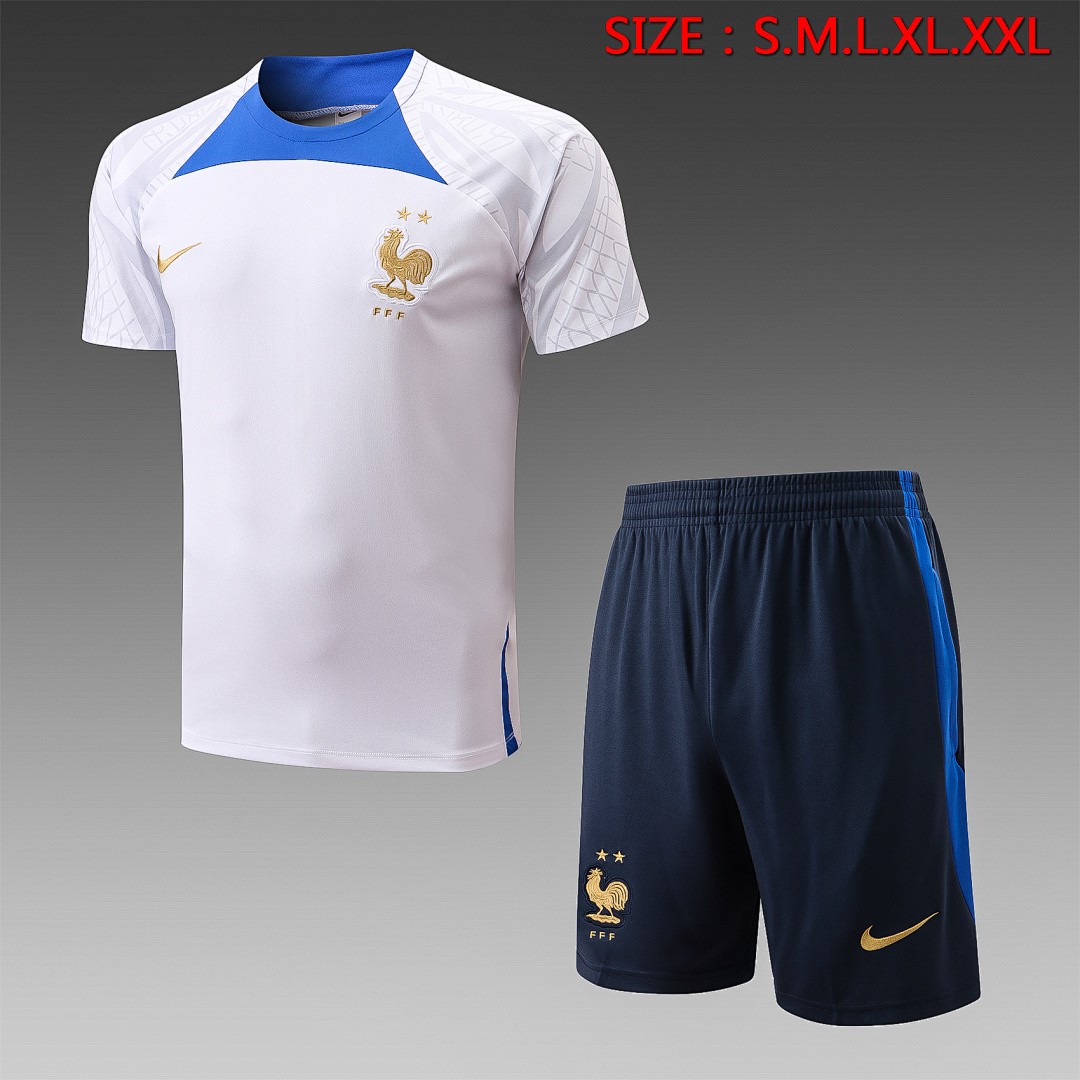JER-7694_1 France 22/23 White Short Sleeve Training Suit with 5-Panel Shorts - 图片 1