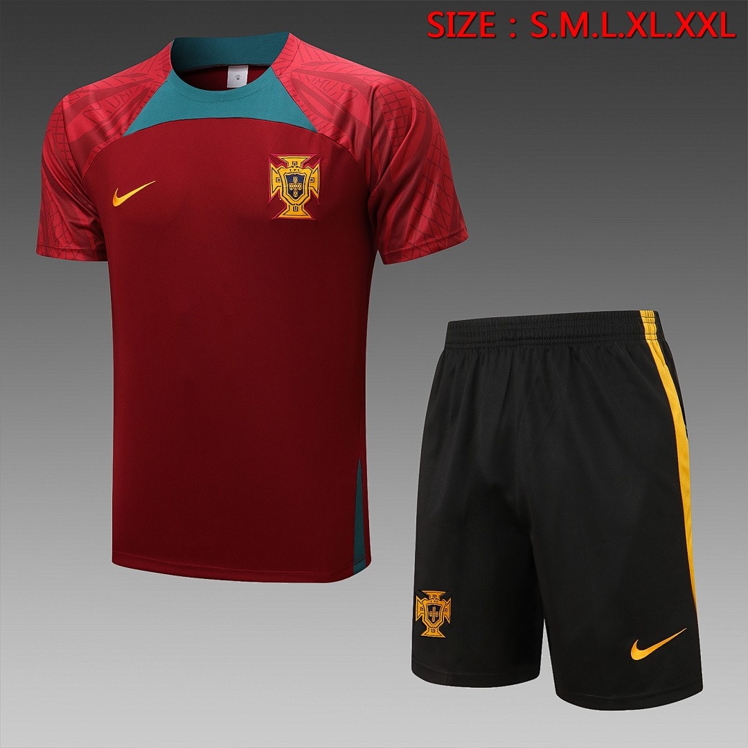 Portugal 22/23 Maroon Short Sleeve Training Suit with 5-Panel Shorts